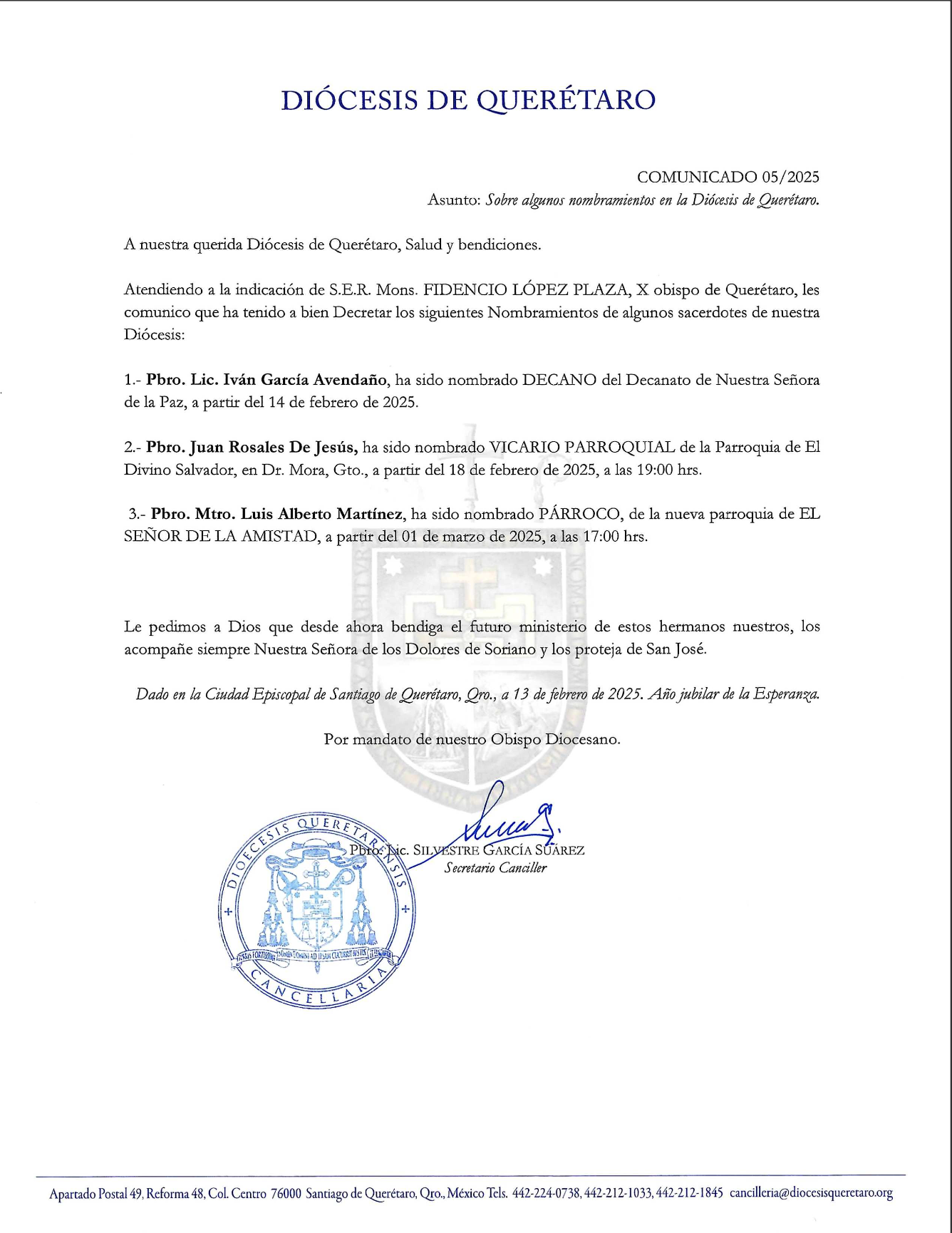 COMUNICADO 05/2025. Asunto: Sobre algunos nombramientos en la Diócesis de Querétaro.